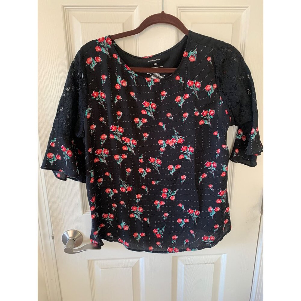 Van Heusen Womens Black Floral Bell Sleeve Top Size Large